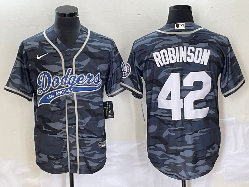 Men's Los Angeles Dodgers Jackie Robinson #42 Grey Camouflage Jersey Joint Edition